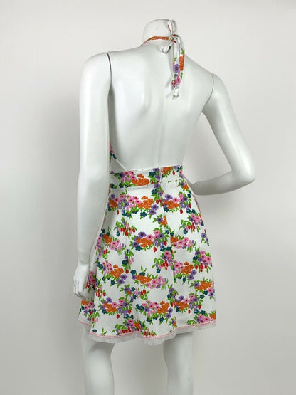 VINTAGE 60s 70s WHITE PINK ORANGE PURPLE GREEN FLORAL DAISY HALTER MINI DRESS 12