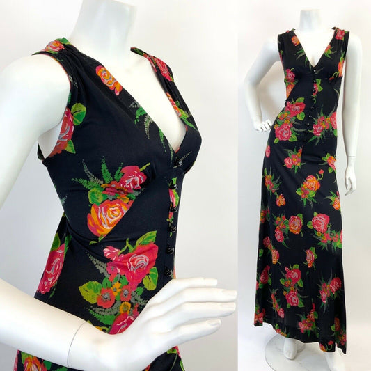 VINTAGE 60s 70s BLACK RED GREEN FLORAL ROSE BOUQUET SLEEVELESS MAXI DRESS 10 12