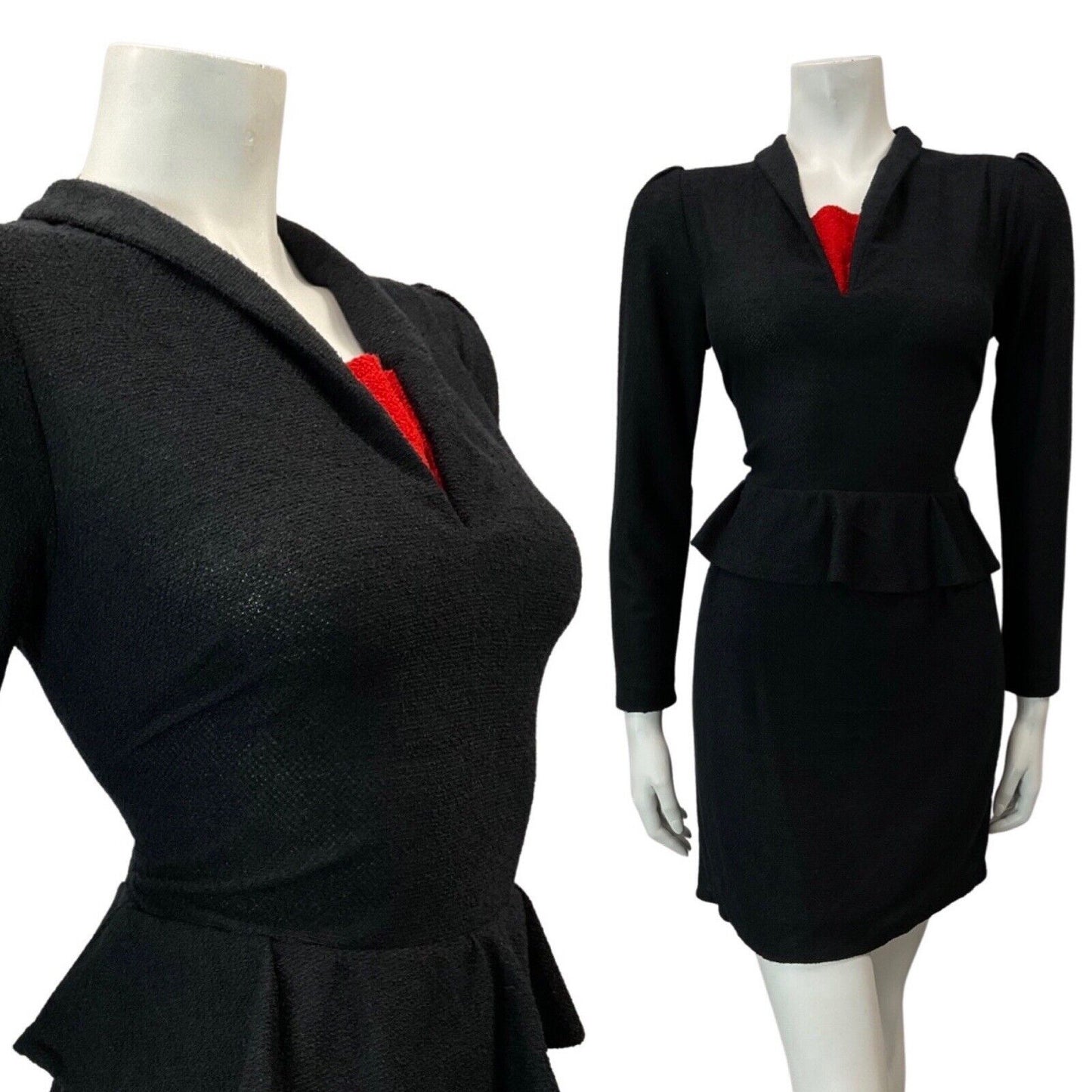 VINTAGE 70s 80s BLACK RED FITTED PEPLUM LONG SLEEVE SHORT KNIT DRESS 10