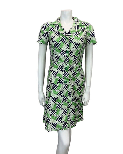 VINTAGE 60s 70s WHITE NAVY BLUE GREEN POLKA DOT PRINT MOD MINI SHIRT DRESS 10