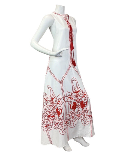 VINTAGE 60s 70s WHITE RED FLORAL BOHO FOLK SLEEVLESS MAXI DRESS 12 14