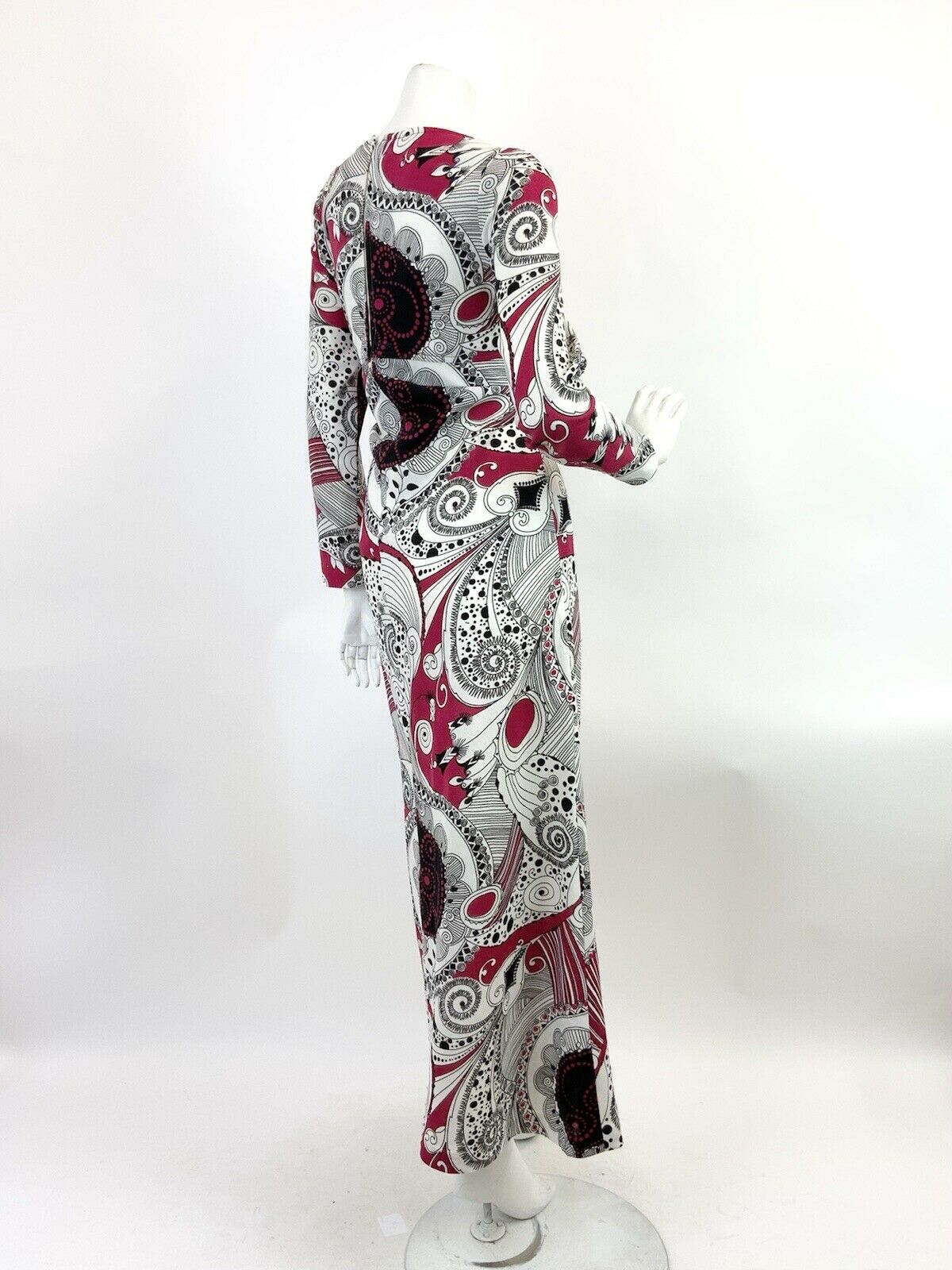 VINTAGE 60s 70s PINK WHITE BLACK PSYCHEDELIC SWIRLY DOTTY MOD MAXI DRESS 14 16