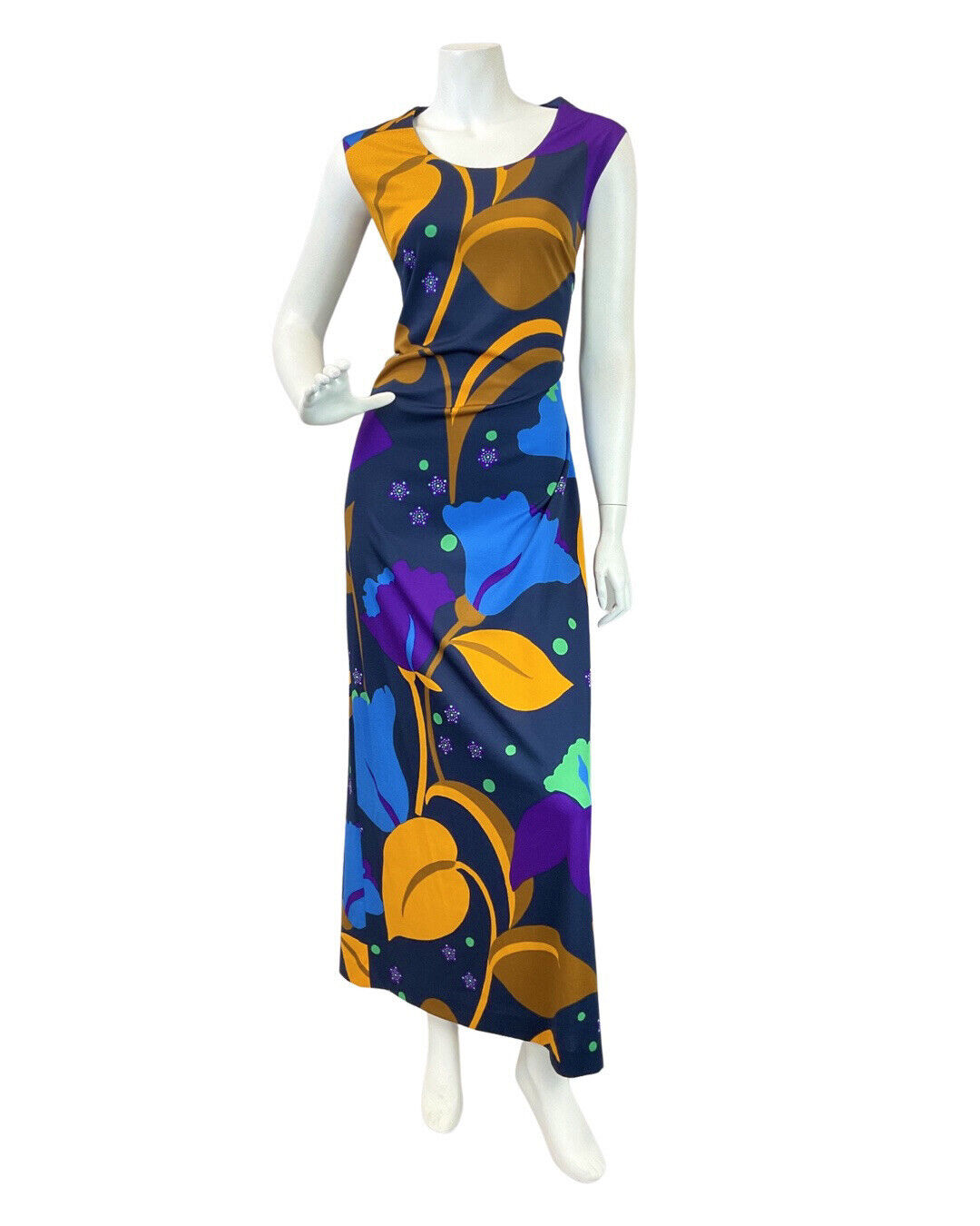 VTG 60s 70s BLUE YELLOW PURPLE FLORAL PSYCHEDELIC SLEEVELESS MAXI DRESS 14 16