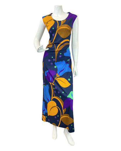 VTG 60s 70s BLUE YELLOW PURPLE FLORAL PSYCHEDELIC SLEEVELESS MAXI DRESS 14 16