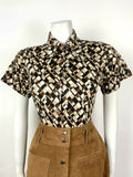 VTG 60s 70s BROWN CREAM WHITE GEOMETRIC DAISY MOD DAGGER SHIRT BLOUSE 14 16