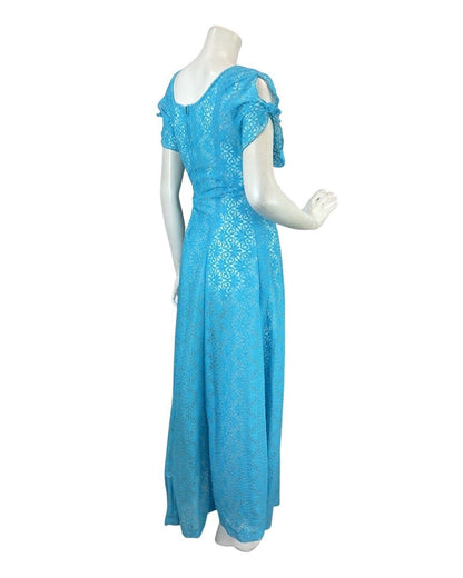 VINTAGE 60s 70s BRIGHT BLUE FLORAL SWIRL BROCADE MOD BOHO MAXI DRESS 10