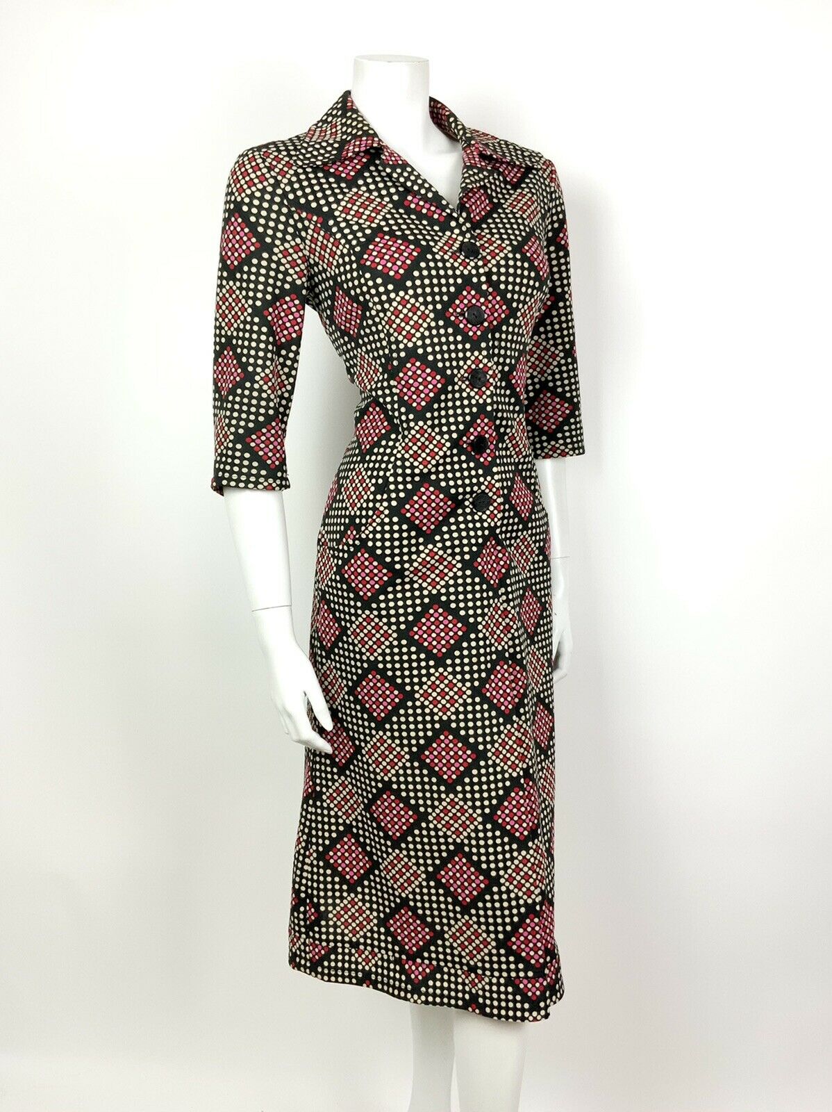 VINTAGE 60s 70s BLACK WHITE RED PINK POLKA-DOT CHECKED DAGGER SHIRT DRESS 14 16