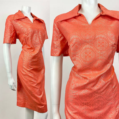 VTG 60s 70s ORANGE GOLD PSYCHEDELIC MANDALA MOD PARTY DAGGER SHIRT DRESS 14 16