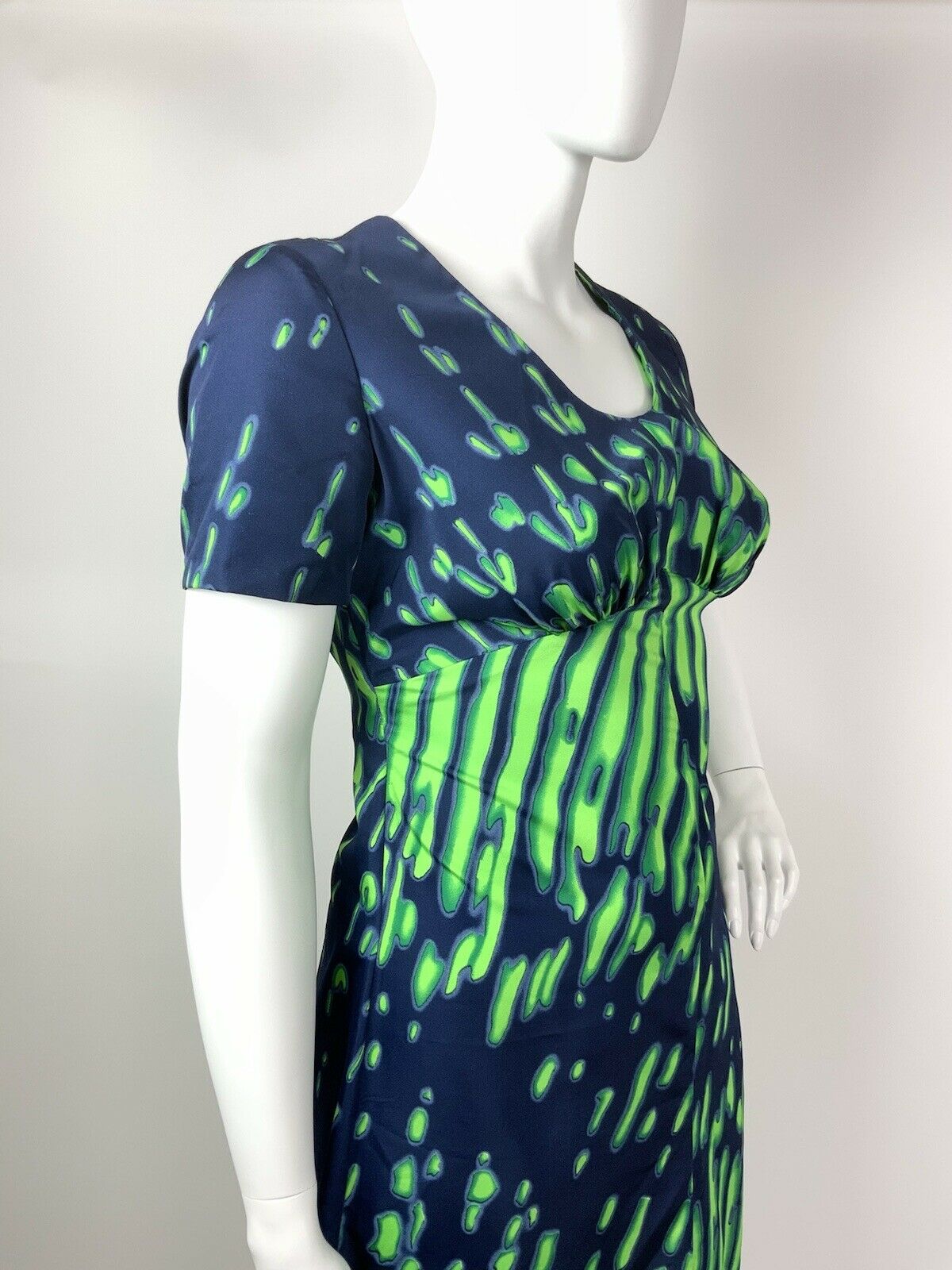 VINTAGE 60s 70s NAVY BLUE NEON LIME GREEN PSYCHEDELIC STRIPED MAXI DRESS 16 18