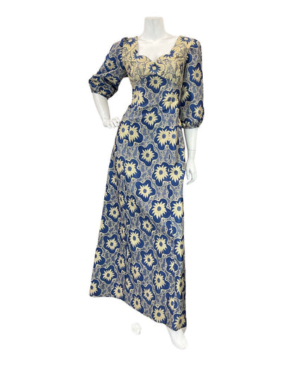 VTG 60s 70s BLUE GOLD FLORAL PSYCHEDELIC STUDIO 54 GLAM PARTY MAXI DRESS 10 12