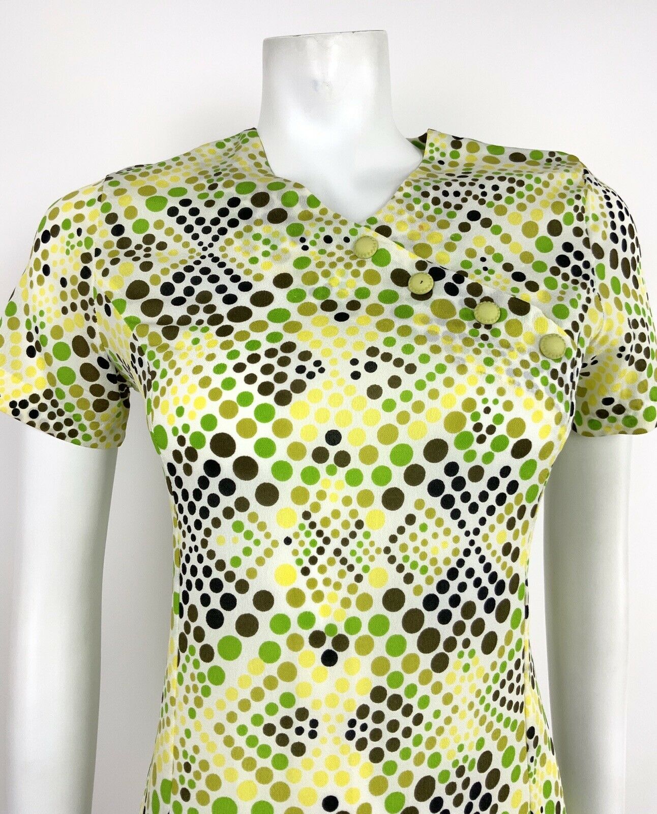 VINTAGE 60s 70s WHITE GREEN BLACK YELLOW OP-ART POLKA DOT PSYCHEDELIC DRESS 12