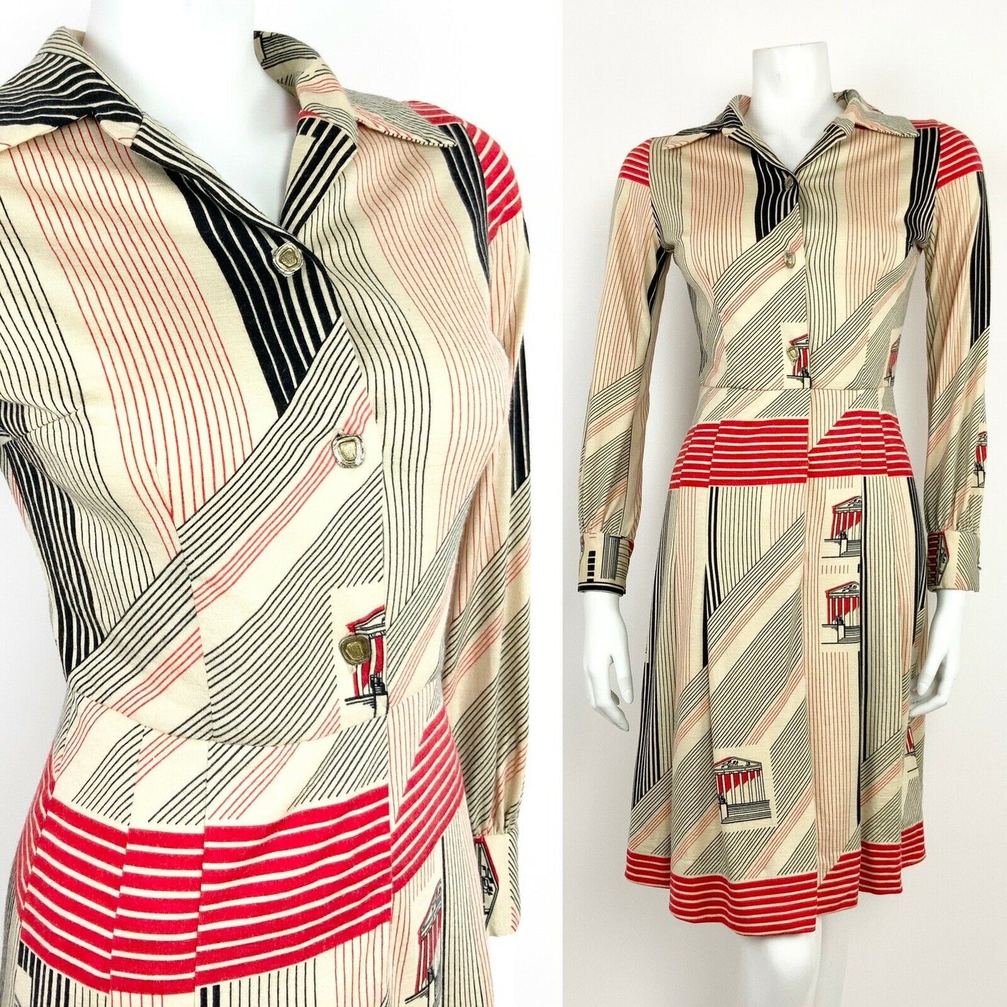 VTG 60s 70s CREAM BLACK RED STRIPED PANTHEON ROMAN PARISIAN SHIRT DRESS 8