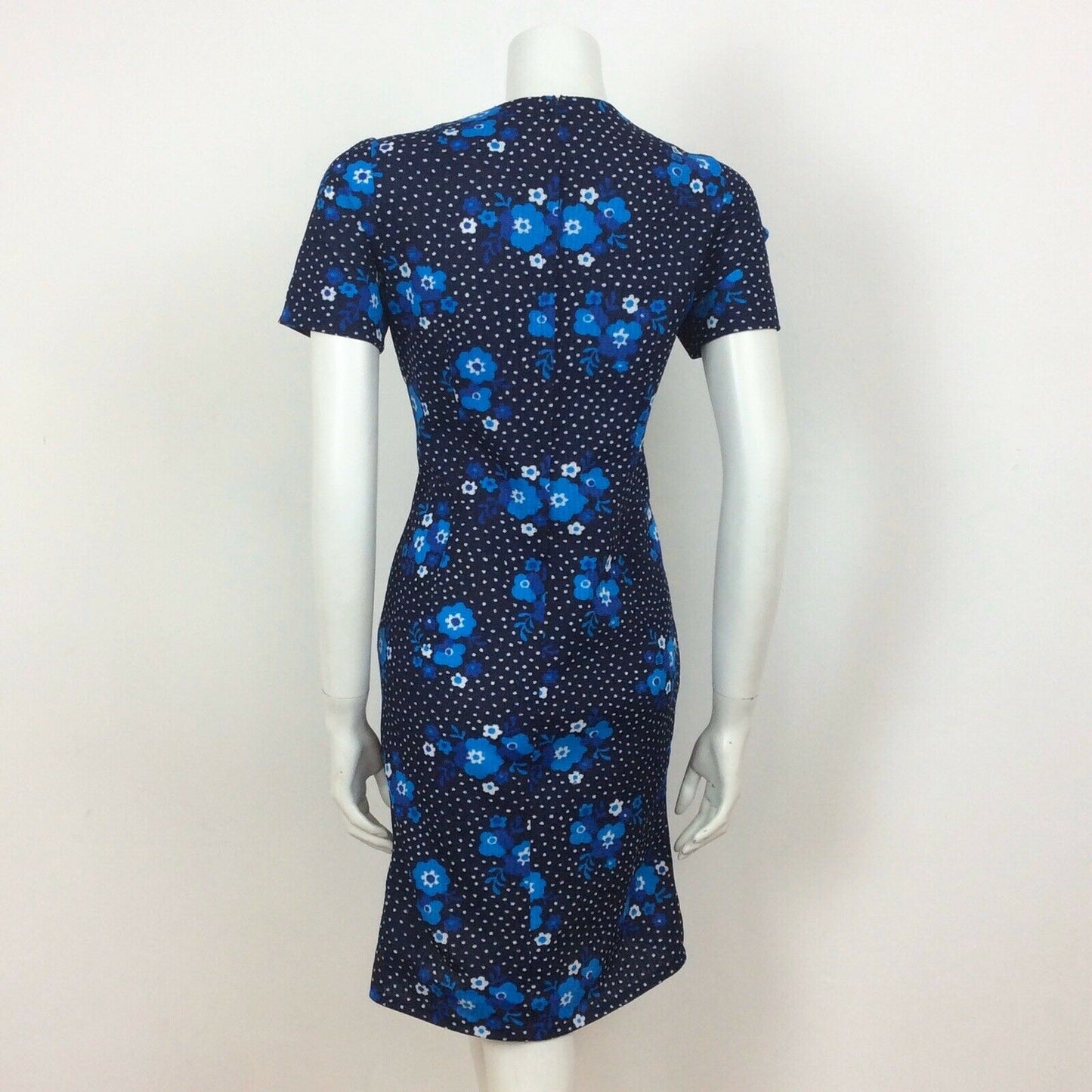 60S VINTAGE NAVY BLUE WHITE FLOWER DAISY PRINT PSYCHEDELIC DRESS 12 14