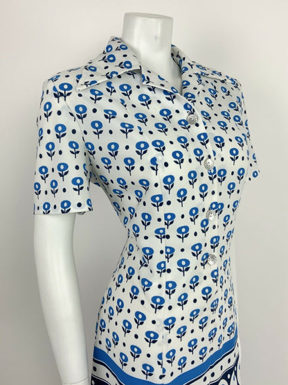 VTG 60s 70s MOD WHITE NAVY BLUE FLORAL SILVER TULIP WING COLLAR SHIRT DRESS 16