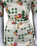 VTG 60s 70s CREAM GREEN PINK FLORAL PSYCHEDELIC MOD MIDI DRESS 12