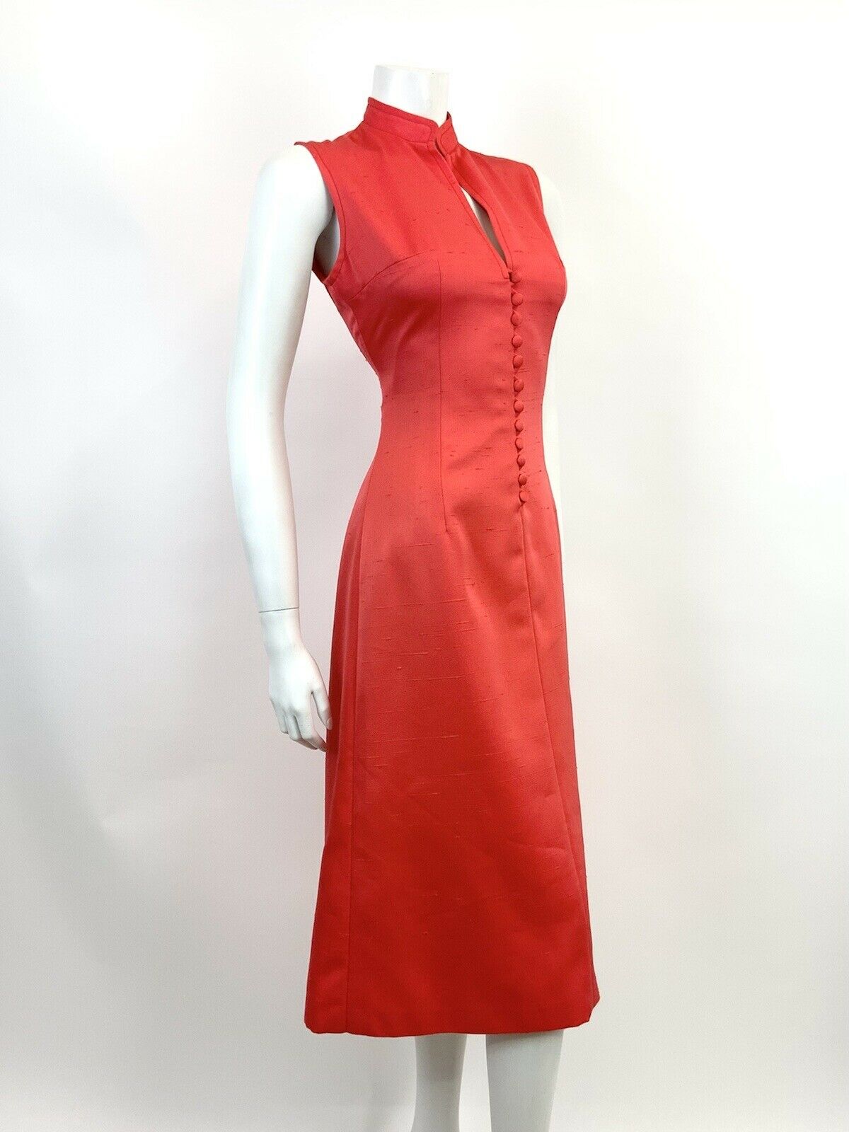 VINTAGE 60s 70s BRIGHT RED ELEGANT MANDARIN COLLAR STUDIO 54 MIDI DRESS 8 10