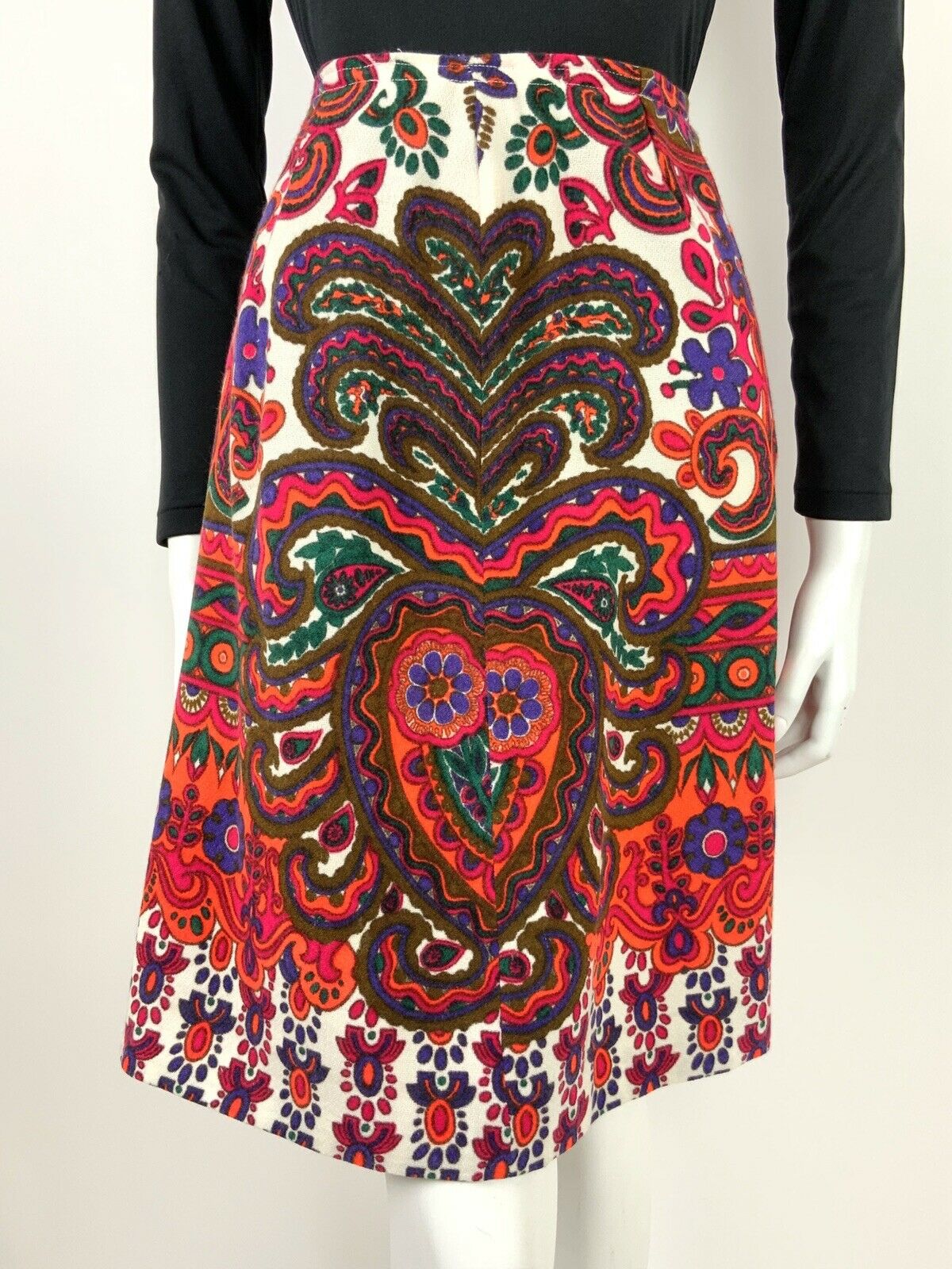 VTG 60s 70s WHITE NEON ORANGE GREEN PINK RED PSYCHEDELIC PAISLEY FLORAL SKIRT 8