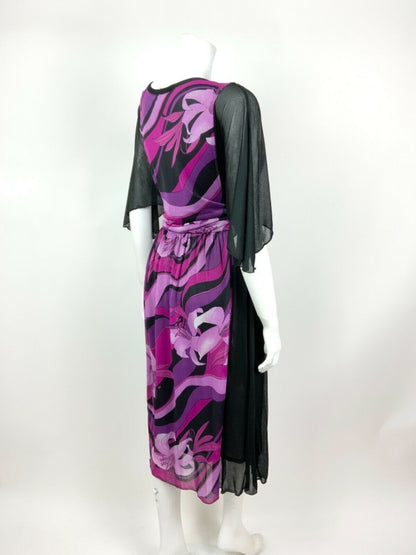 VINTAGE 70s 80s BLACK PURPLE PINK PSYCHEDELIC SWIRL LILY SHEER MIDI DRESS 10 12