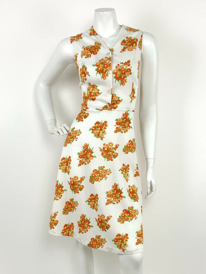 VINTAGE 60s 70s WHITE ORANGE YELLOW RED FLORAL SWING DRESS 10