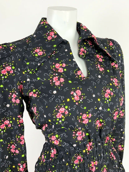 VINTAGE 60s 70s BLACK PINK GREEN FLORAL DITSY WING COLLAR RUCHED BLOUSE TOP 8 10