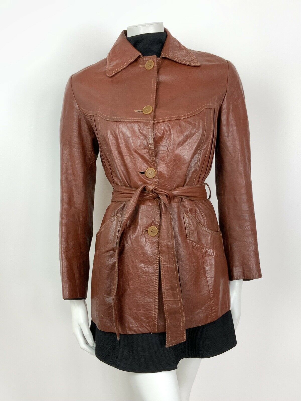 VINTAGE 60s 70s BROWN RED BELTED MOD LEATHER JACKET 12 14