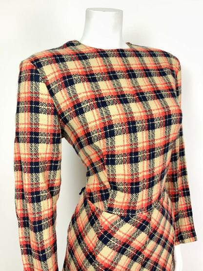 VINTAGE 60s 70s BEIGE BLUE RED PLAID TARTAN SWING FLARED MOD DRESS 14 16