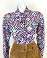 VINTAGE 60s 70s PURPLE WHITE GREEN BLACK GEOMETRIC AZTEC MOD DAGGER SHIRT 14 16