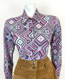 VINTAGE 60s 70s PURPLE WHITE GREEN BLACK GEOMETRIC AZTEC MOD DAGGER SHIRT 14 16