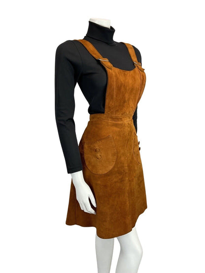 VINTAGE 60s 70s BROWN SUEDE PINAFORE BOHO MOD APRON DRESS 12