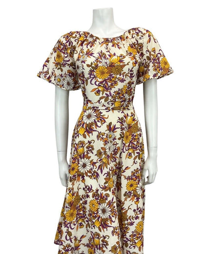 VINTAGE 60s 70s CREAM ORANGE PURPLE BROWN FLORAL PRINT BOHO MIDI DRESS 10 12