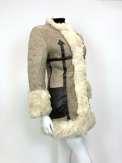 VINTAGE 60s 70s BEIGE SAND BROWN SUEDE LEATHER SHEARLING MOD COAT JACKET 8 10