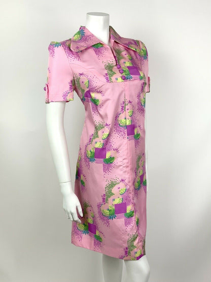 VTG 60s 70s PSYCHEDELIC PINK PURPLE BLUE GREEN SQUARE FLORAL SHIRT DRESS 12