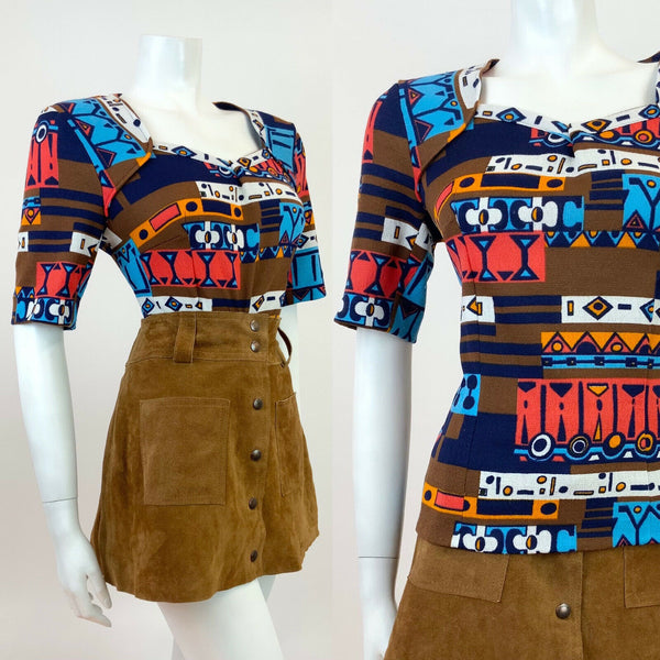 VINTAGE 60s 70s BROWN BLUE RED WHITE GEOMETRIC AZTEC MOD BLOUSE TOP 14 16