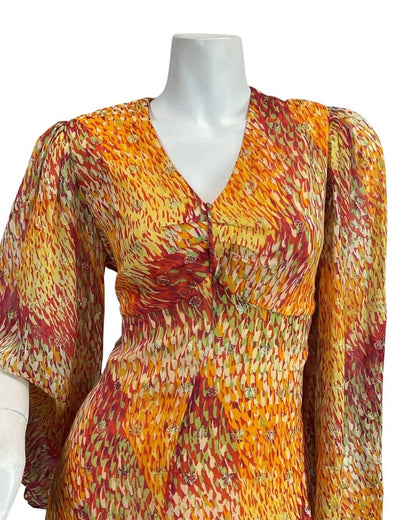 VINTAGE 60s 70s ORANGE GOLD RED PSYCHEDELIC DASH ANGEL SLEEVE MAXI DRESS 10