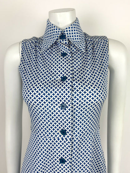 VTG 60s 70s MOD BLUE WHITE BASKET WEAVE OP-ART DAGGER COLLAR SHIRT DRESS 8 10