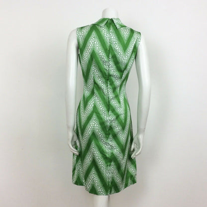 70S VINTAGE APPLE GREEN WHITE CHEVRON PUSSYBOW NECK DRESS 12 14