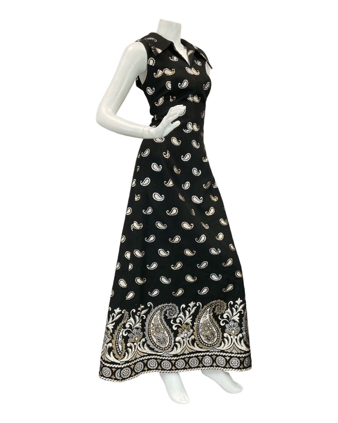 VTG 60s 70s BLACK SILVER GOLD PAISLEY DAGGER COLLAR SLEEVELESS MAXI DRESS 10 12