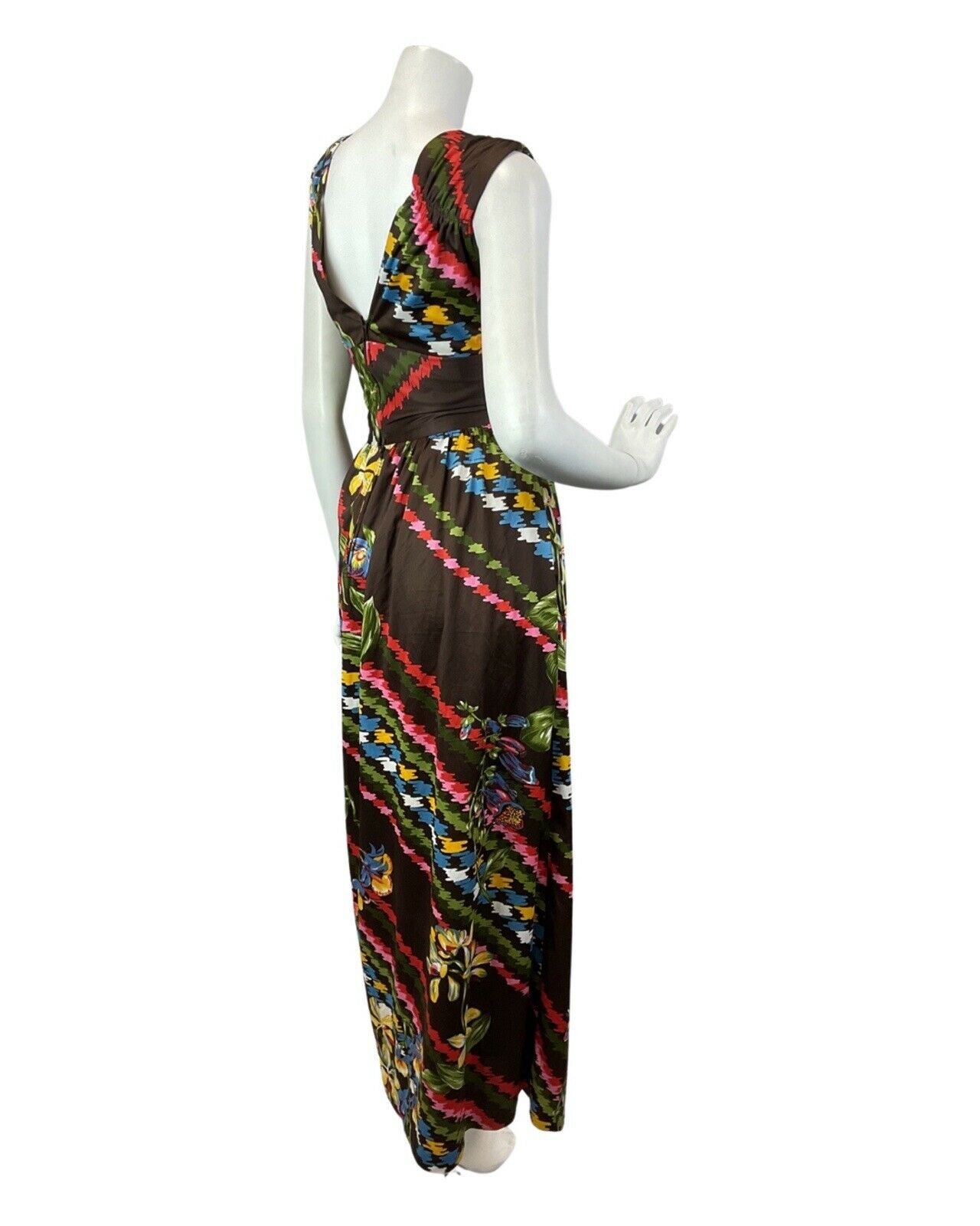 VINTAGE 60s 70s BROWN BLUE RED STRIPED FLORAL V-NECK SLEEVELESS MAXI DRESS 10