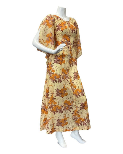 VTG 70s YELLOW ORANGE BROWN FLORAL ANGEL SLEEVE BOHO PRAIRIE MAXI DRESS 10 12