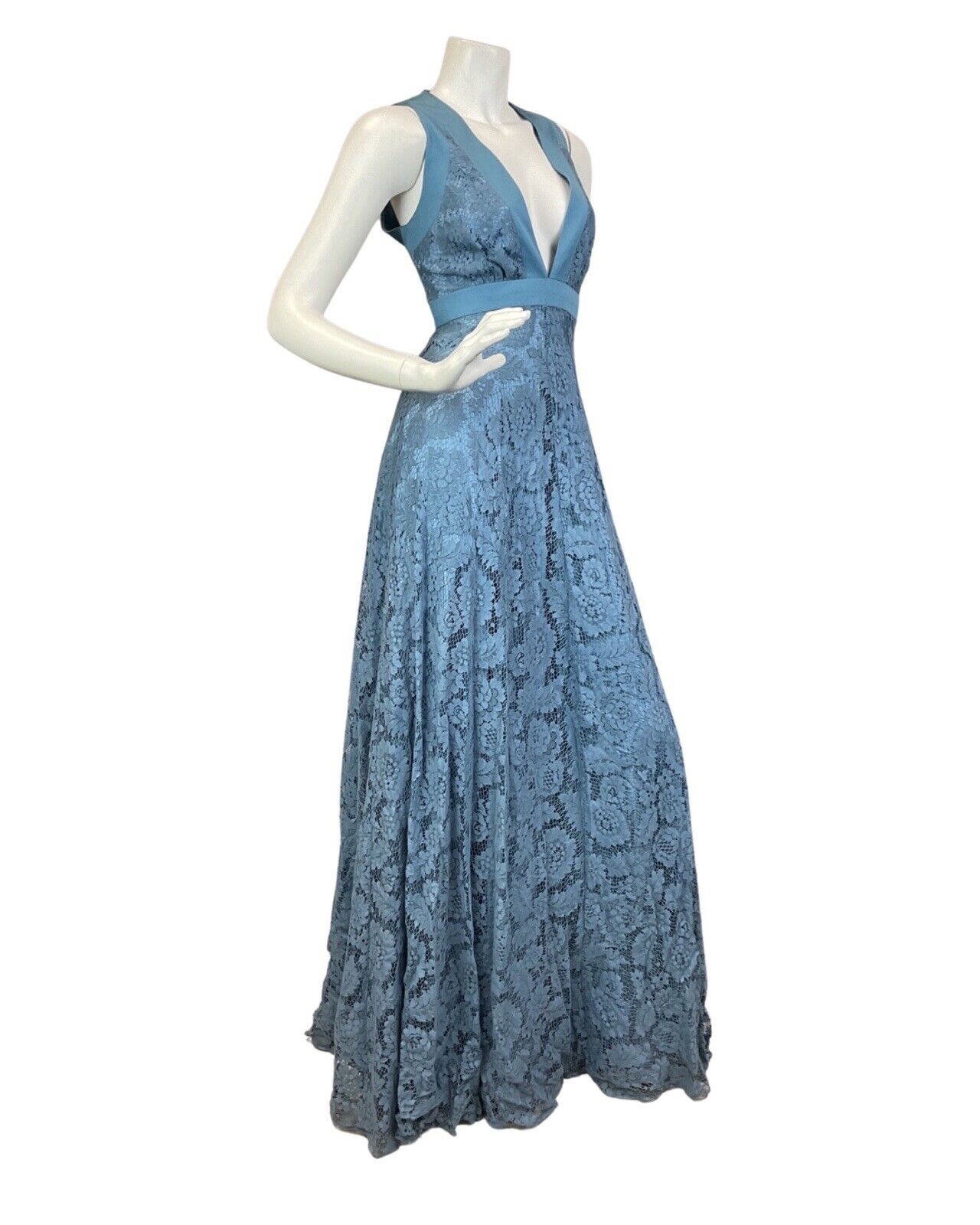 VINTAGE 60s 70s BLUE FLORAL LACE PLUNGING V-NECK SLEEVELESS MAXI DRESS GOWN 10