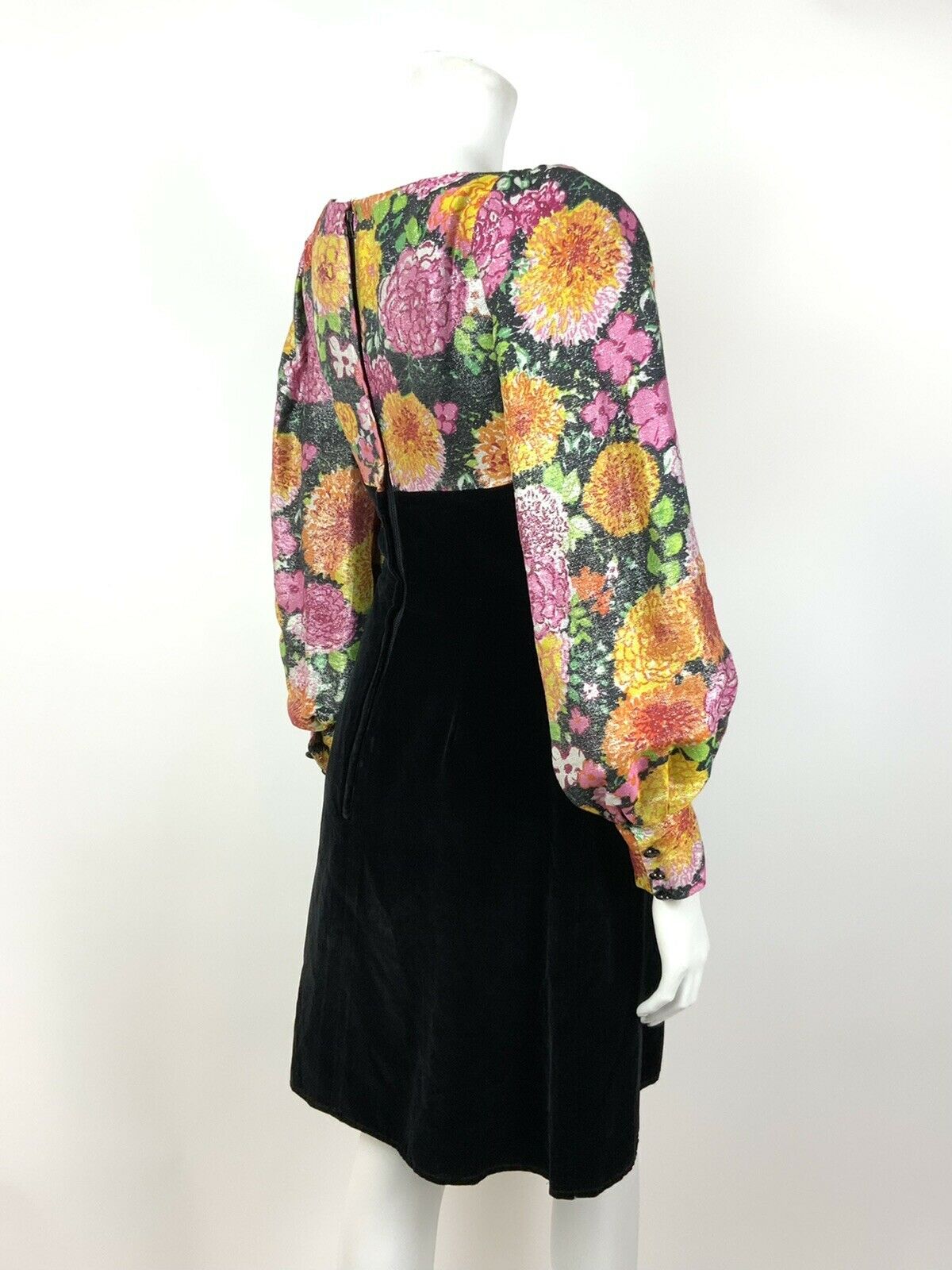 VINTAGE 60s 70s BLACK PINK ORANGE GREEN LUREX VELVET FLORAL EMPIRE LINE DRESS 8