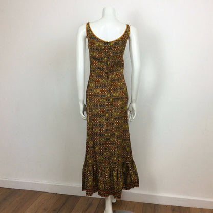 60S 70s VINTAGE BATIK PRINT FESTIVAL TRIBAL MAXI DRESS 10 12