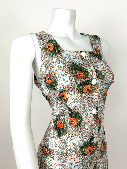 VTG 60s 70s ABSTRACT FLORAL WHITE GREEN ORANGE BLUE EMPIRE DRESS 12