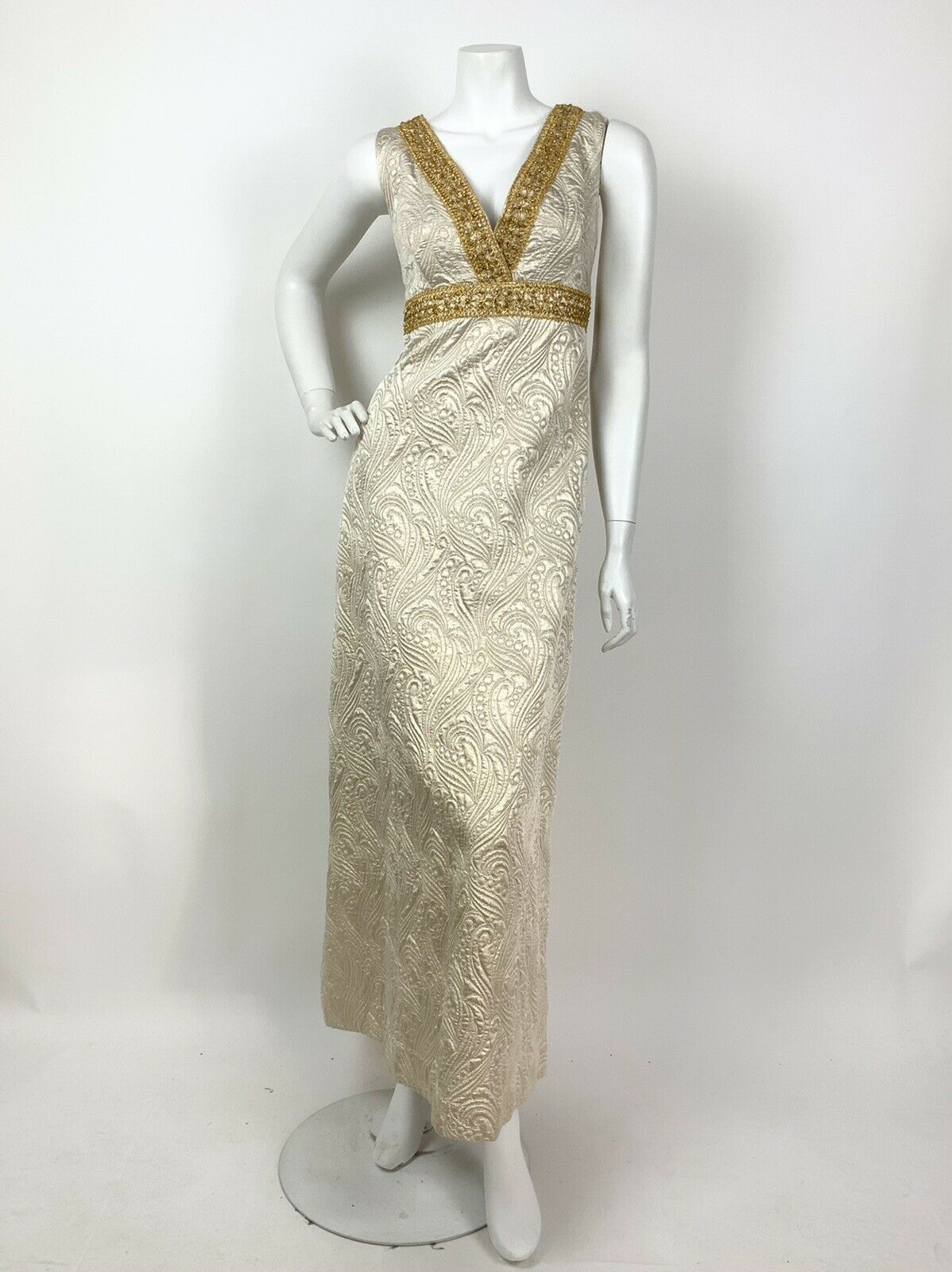 VINTAGE 60s 70s IVORY GOLD DIAMANTE PAISLEY SWIRL QUILTED GLAM MAXI DRESS 8