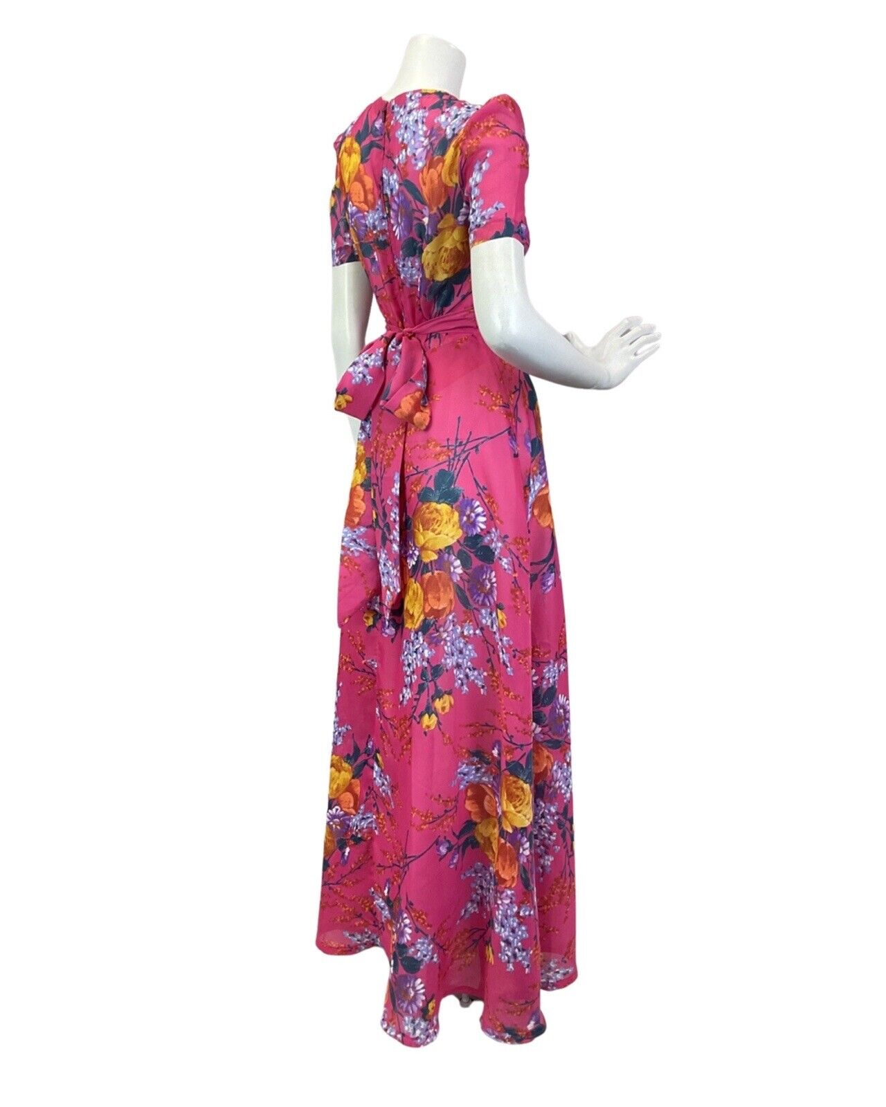 VINTAGE 60s 70s BRIGHT PINK YELLOW BLUE FLORAL TULIP GERBERA SHEER MAXI DRESS 8