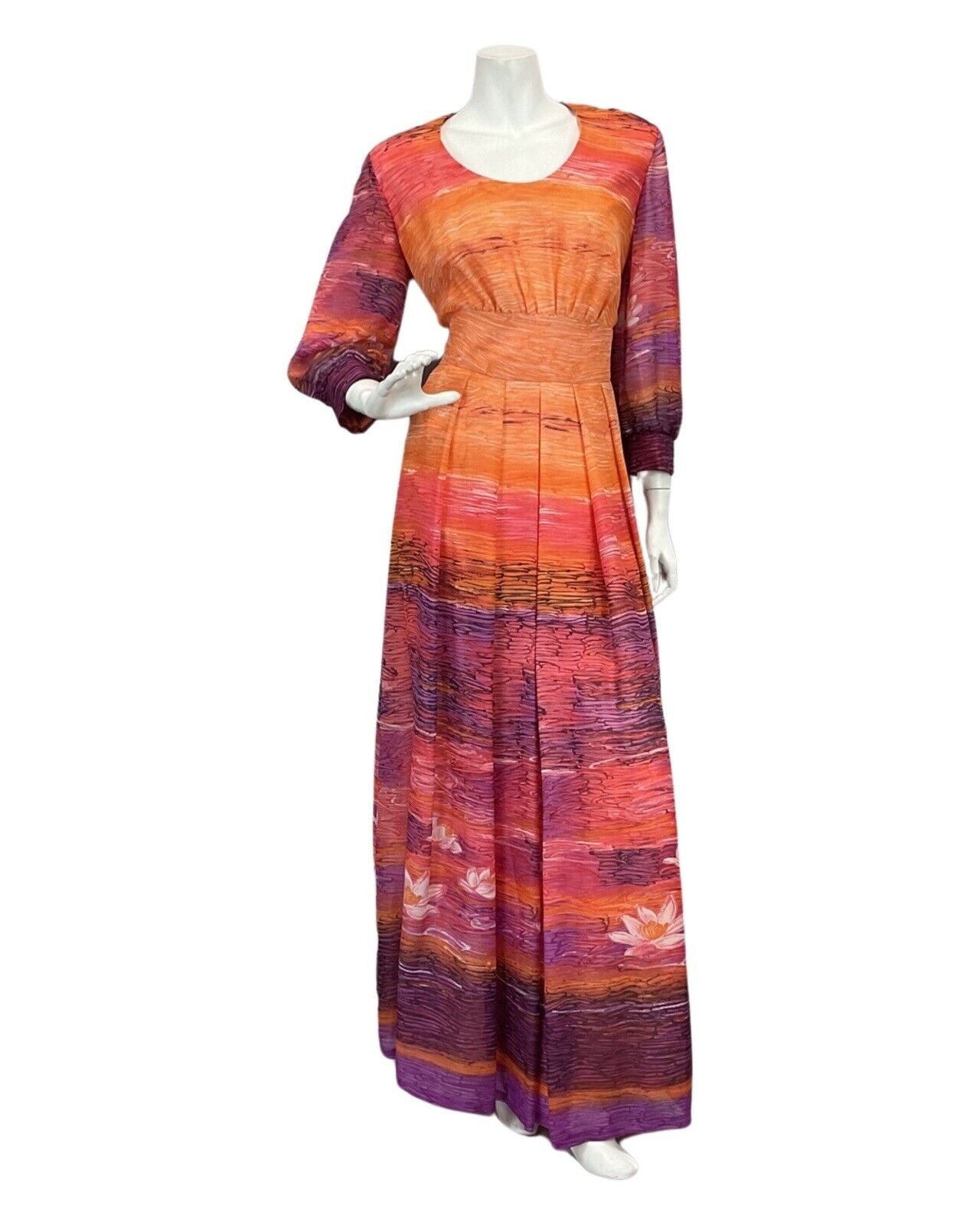 VTG 60s 70s ORANGE PINK PURPLE SUNSET FLORAL BOHO FOLK MAXI DRESS 12 14