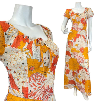 VTG 60s 70s ORANGE RED WHITE FLORAL PSYCHEDELIC MOD PUFF SLEEVE MAXI DRESS 8 10