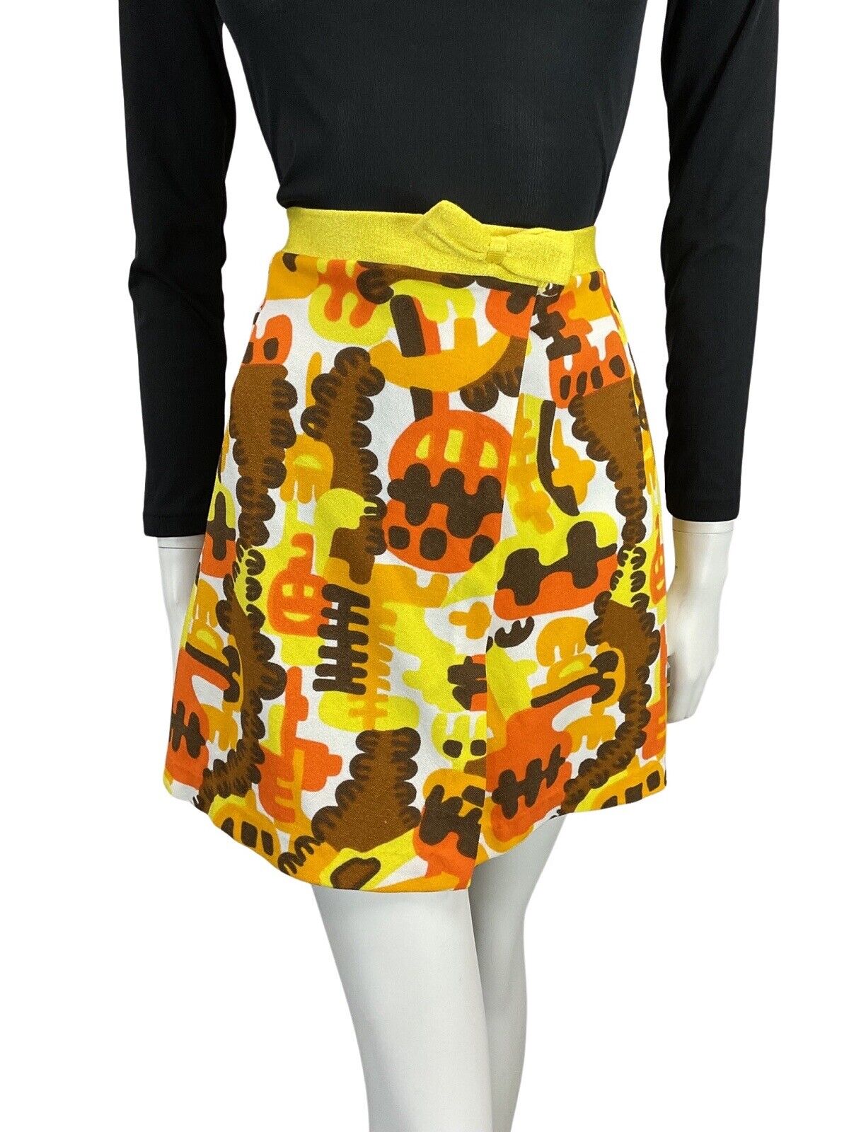 VINTAGE 60s 70s YELLOW ORANGE BROWN WHITE PSYCHEDELIC AUTUMNAL MINI SKIRT 10