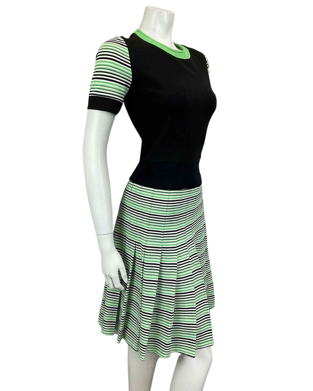 VINTAGE 60s 70s BLACK GREEN WHITE STRIPED PLEATED MIDI MOD DRESS 12