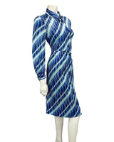 VINTAGE 60s 70s BLUE STRIPED ABSTRACT PRINT SHIRT MIDI MOD DRESS 10 12